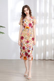 Banquet Famous Wind V-Neck Short-Sleeved Body-Brace Three-Dimensional Flower Lace Dress 2025