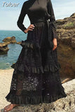 Lace Solid Dresses Female Round Neck Long Sleeve Patchwork Bowknot High Waist Ruffles Dress For Women Summer Fashion