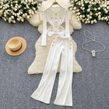 Small Fragrant Wind Metal Collar Collar Repair Long-Sleeved Knitted Shirt Women High-Waist Casual Pants Two