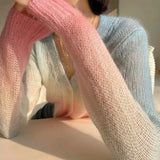 Deeptown Rainbow Knitted Cardigan Women Autumn Winter Sweet Kawaii Sweater Coat Female Korean Long Sleeve Button Up