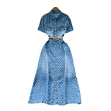 Familiar Style Niche Fashion Short-Sleeved Wave Dot Denim Dress Women's Waist Thin Temperament Elegant A-Word Shirt