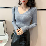 Autumn And Winter New Style Kengtiao Thin Knitted Blouse Woman V-Collar Slim Solid Color Cover Bottom Sweater-Outfit