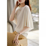 Toloer Wan Feminine Taste Splicing Flounce Sleeve Comfortable Round Collar Knitting Five Minutes Sleeve Jacket Female-Outfit
