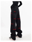 and autumn plus size women embroidered straight jeans loose slim high waist floor mopping wide leg pants baggy jeans-Outfit