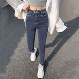 Toloer New Fall 2024 Model Wears High-Waist Elastic Tights, Pencil Pants, Blue And Gray Jeans, Children's Clothes-Outfit