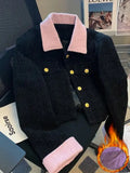 Tweed Turn Down Collar Short Jackets Elegant Thick Single Breasted Cropped Coat Patchwork Sleeve Design Korean Slim