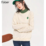 Women Fleece Sweatshirt 2022 Winter Long Sleeve Patchwork Turtleneck Loose Hoodie Print Warm Casual Streetwear