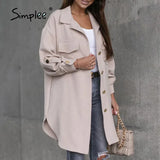 Simplee Office loose lapel pocket women's jacket green Casual ladies autumn winter long coats Minimalist split apricot
