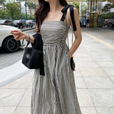 Toloer Chic Summer Niche Temperament Square Collar Dew Collarbone Color Stripe Waist Show Thin Halter Dress Dress-Outfit