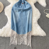 Lace Splicing V-Neckless Denim Dress Women's Summer Senior Feeling Lanky