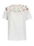 Toloer Summer New Fashion Round Collar Embroidery Flower Splicing Design Sense Versatile Hollow Short-Sleeved T Shirt Jacket Female-Outfit