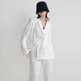 Toloer New Fashion Brand Double Breasted Three-Dimensional Flower Splicing Suit High Waist Bell Bottoms Two Sets Of Women's Clothing-Outfit