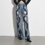 Toloer Jeans Female Autumn 2024 New Niche Wind Contrast Color Twist Hollow Out Metal Buckle Wide Leg Long-Outfit