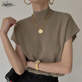 Sleeve Knitted Vest Office Lady Loose Elegant Fashion New Vest Shirt Solid Stand-up Collar Straight Tops Summer