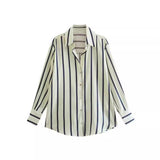 Toloer New Fashion Temperament Lapel Multi-Color Stripe Silk Satin Texture Long Sleeve Loose Shirt Female-Outfit