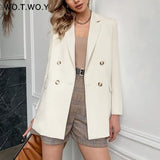 WOTWOY 2021 Office Lady White Blazers Women Autumn Winter Long Sleeve Coats Female Single Button Solid Jacket Woman Pockets