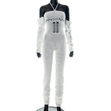 Women's 2025 Autumn And Winter 2025 New Woolen Sleeve Hanging Neck Tie Hollow Jumpsuit Pile