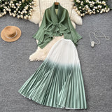 Wrinkled Butterfly Sleeve Gradient With Shawl Short Coat Top + Gradient 100 Folded Skirt Two-Piece