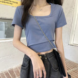 Toloer Short T-Shirt Female Solid Color 2024 New High Waist Slim Show Thin Hot Girl All-Match Short-Sleeved Square Collar Top