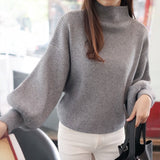 Half-High Collar Bottom Thin Sweater Loose Bat Sweater Hoodie Lantern Sleeve Sweater Women's Dress-Outfit