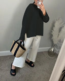 Hot Loose Long-Sleeved Open-Fork T-Shirt Women's Solid Color 100% Cotton Top Spring And Summer Women's