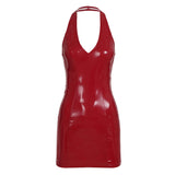 Nightclub Style Sexy V-Neck Hanging Neck Tight-Necked Short Bright Leather Solid-Colored Dress 2025