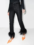 Toloer Luxury Wind Ostrich Hair Splicing Straight Pants 2024 Spring Style High Waist Foreign Style Versatile Show Thin Casual Jeans Tide-Outfit