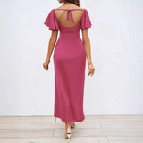 New Women's Temperament Solid Color Peach Heart Temperament Short-Sleeved Long Dress Dress