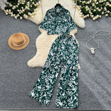Light Style Suit Women's Fashion With Loose Short Print Shirt + High Waist Display Thin Leg