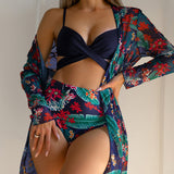 Toloer New 2024 Bikini Gathers The Sexy Mesh Three-Piece Split Print Swimsuit