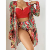 Toloer New Sexy Bikini Mesh Three-Piece Set Gathered Print Split Swimsuit