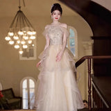 Dress Women 2025 New Champagne Long-Sleeved Banquet Temperament Simple Thin Host Art Exam
