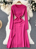 Knit Split Dresses for Women's Spring High Waist Buttons Slim Dresses Autumn Ladies Casual Mid-Calf