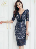 Han Queen Summer 2023 Women Evening Party Sexy Lace Bodycon Sheath Dress Hollow Out Patchwork Slim Pencil Dresses-Outfit
