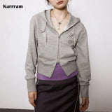 Grunge Zip-up Hoodies Harajuku Vintage Double Zipper Jacket Korean Fashion Short Sweatshirt Japanese Streetwear Y2k