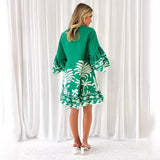 Summer New V-Neck Print Horn Sleeve Loose Short Dress