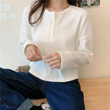Sleeve T-shirts Women Elegant Simple Pure Button Design Retro Ins Autumn Ladies Tees Top All-match BF Style Mujer Clothes-Outfit
