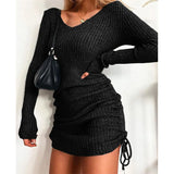 Knitted Sweater V Collar Long Sleeve Autumn And Winter Sexy Body Threaded Skirt Folding Drawstring
