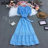 New Summer Women Temperament All-match V-neck puff sleeve Dress waist slim hollow out solid