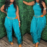 Women Elegant Solid Sexy Tank Crop Tops Tassels Decor Pants Drawstring Pants Sets-Outfit
