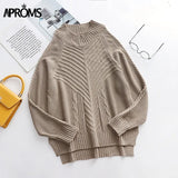 Aproms Elegant Cold Shoulder Knitted Loose Sweaters Women 2021 Autumn Winter Side Split Pullovers Streetwear Fashion Jumpers