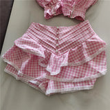 Plaid Ruffle Crop Top And Shorts Set-Outfit