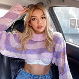 2021 Women Turtleneck Sweater Pink And Purple Striped Hole Cropped Pullover Sweaters Fashion Batwing Sleeve Knitwear