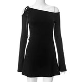 Long Sleeve One Shoulder Ribbon Tie-Up Mini Dress-Outfit