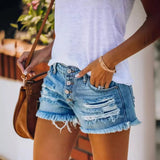 Tide Women Hole Tuxedo Denim Straight Buckle Shorts Women Hot