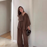 Women's Suited Casual Casual Long Sleeve R-Shirt Pants Solid Color Set For