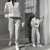 Piece Sets Women Solid Stand Collar Zipper Full Sleeve Tops Straight Long Pants Set Splice Loose Casual Autumn Winter 2023-Outfit