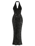 Halter Deep V Neck Sequin Maxi Dress-Outfit