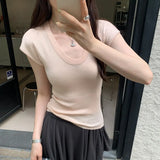 Solid Color U-Collar Short-Sleeved T-Shirt Women's New Springy Slim, Simple And Easy To Wear In Summer-Outfit