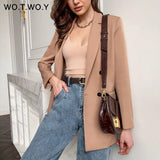 WOTWOY 2021 Office Lady White Blazers Women Autumn Winter Long Sleeve Coats Female Single Button Solid Jacket Woman Pockets